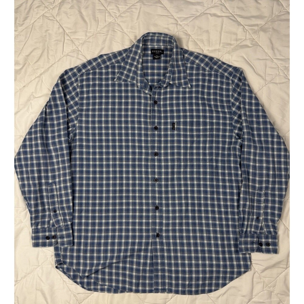 GUESS Cotton Plaid Blue Yellow White Long Sleeve Button-Up Shirt XL Men